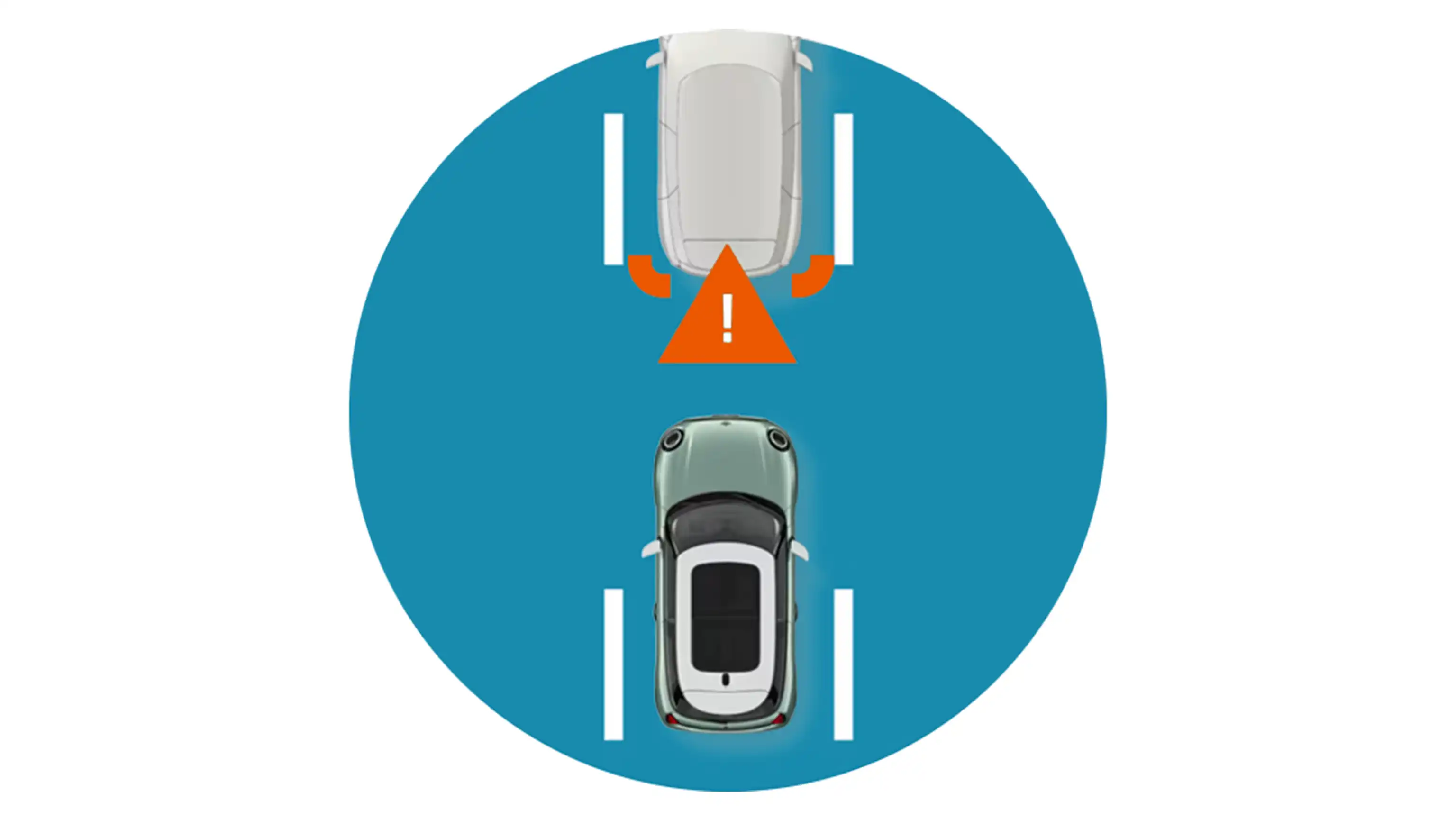 Illustration showing a MINI approaching a vehicle ahead with a forward collision warning symbol.