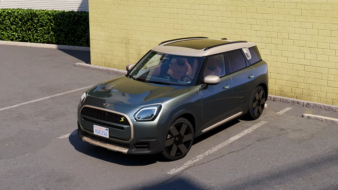 Видео кое детално ги прикажува внатрешноста и надворешноста на MINI Countryman. Камерата се поставува над контролната табла, истакнувајќи ги елементите на дизајнот.